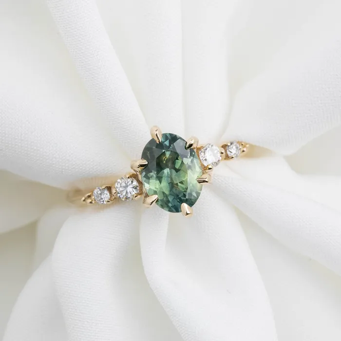 Envero Jewelry Rings Estel Fleur Six Prongs Ring Green Oval Montana Sapphire 14K Yellow Gold One of a kind