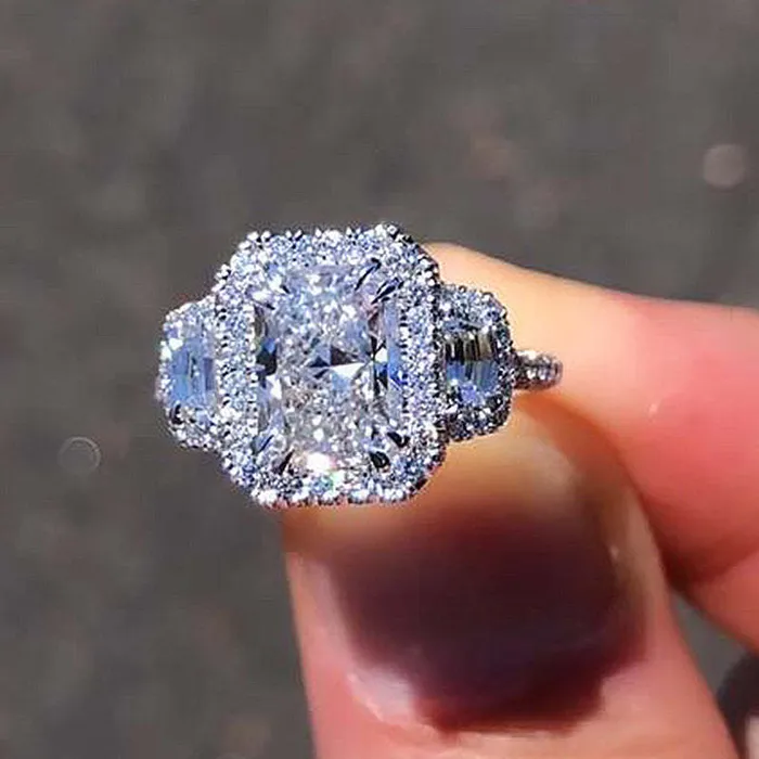 Exquisite Radiant Cut Halo Three Stone Engagement Ring In Sterling Silver shineofdiamond Rings Exquisite Radiant Cut Halo Three Stone Engagement Ring In Sterling Silver shineofdiamond Rings