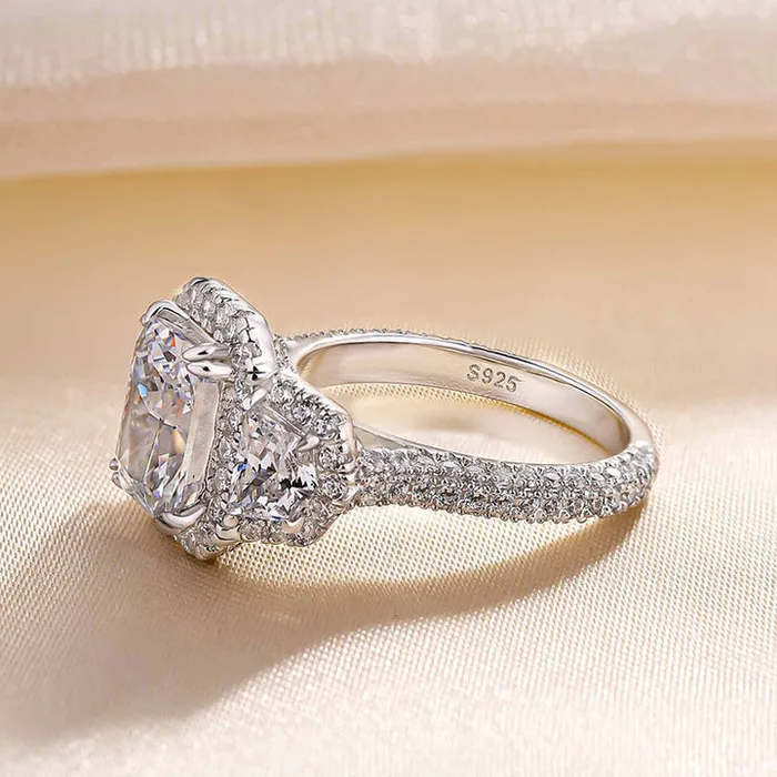 Exquisite Radiant Cut Halo Three Stone Engagement Ring In Sterling Silver shineofdiamond Rings