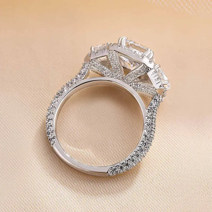 Exquisite Radiant Cut Halo Three Stone Engagement Ring In Sterling Silver shineofdiamond Rings