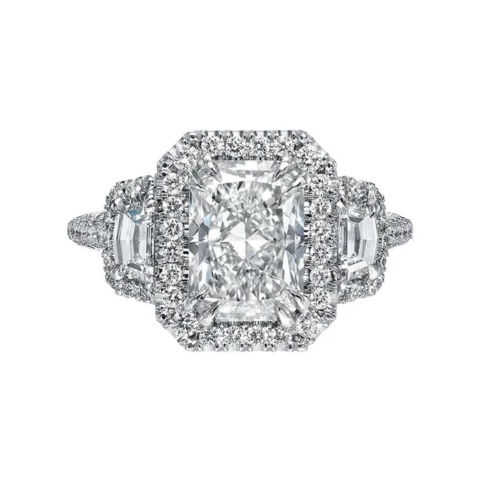 Exquisite Radiant Cut Halo Three Stone Engagement Ring In Sterling Silver shineofdiamond Rings