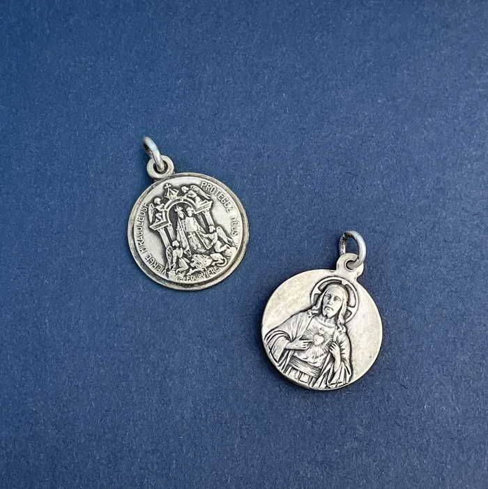 HeidiJHale Designs Miraculous Virgin Protect Us in French doublesided Charm Earrings