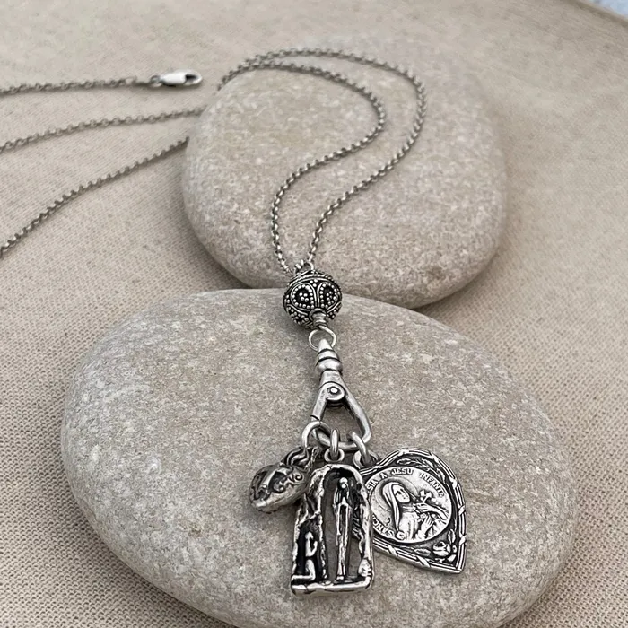 HeidiJHale Designs Miraculous Virgin Protect Us in French doublesided Charm Earrings