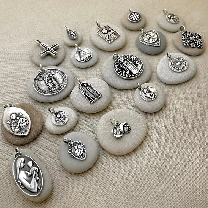 HeidiJHale Designs Miraculous Virgin Protect Us in French doublesided Charm Earrings
