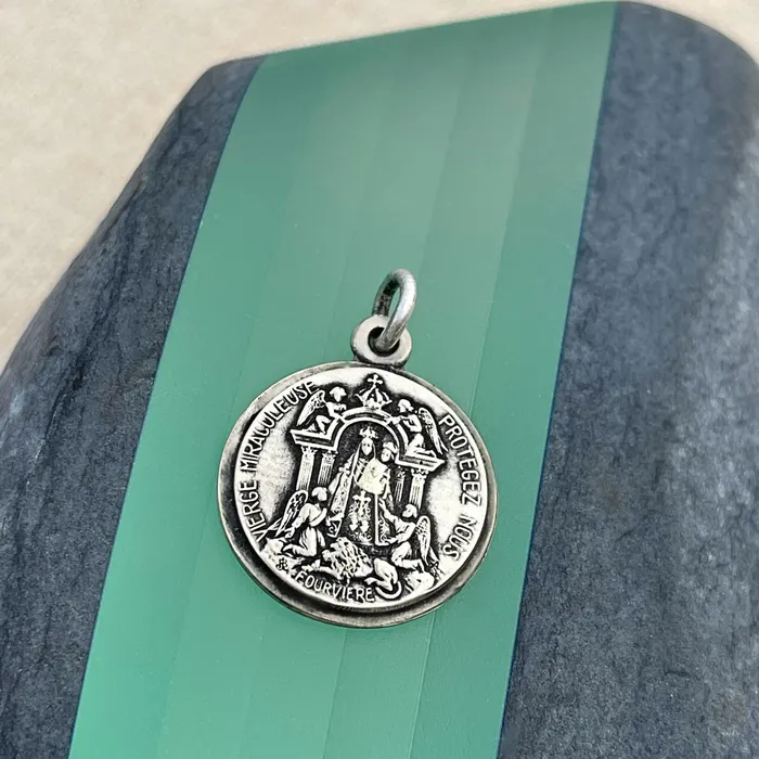 HeidiJHale Designs Miraculous Virgin Protect Us in French doublesided Charm Earrings