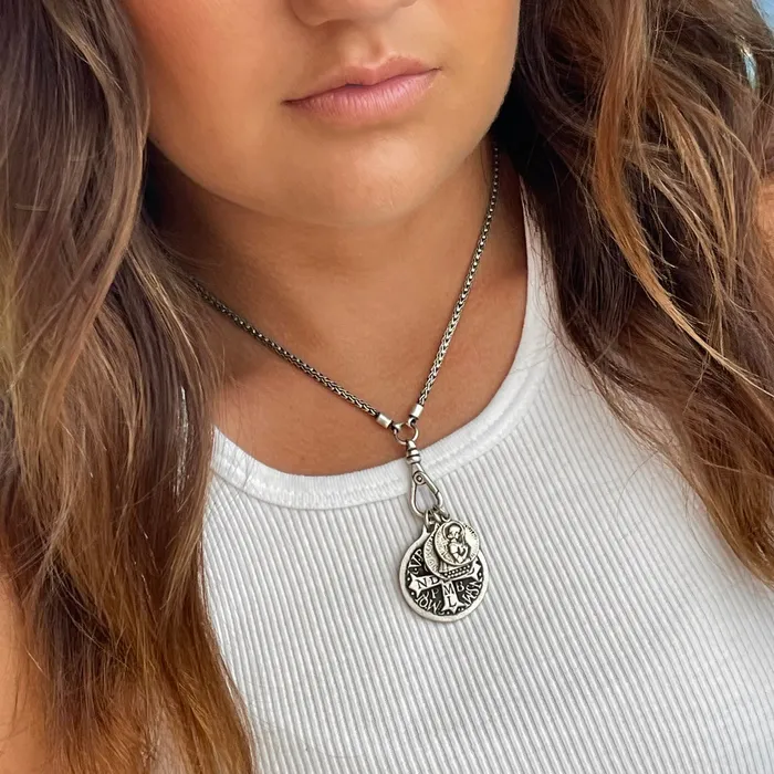 HeidiJHale Designs Miraculous Virgin Protect Us in French doublesided Charm Earrings