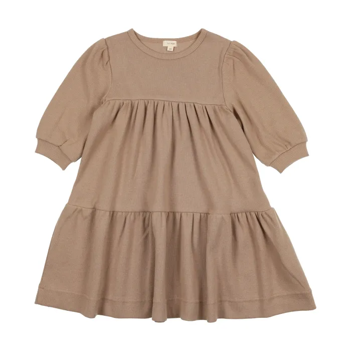 Lil Legs Ribbed Puff Sleeve Dress Three Quarter Sleeve Tan Lil Legs Rings