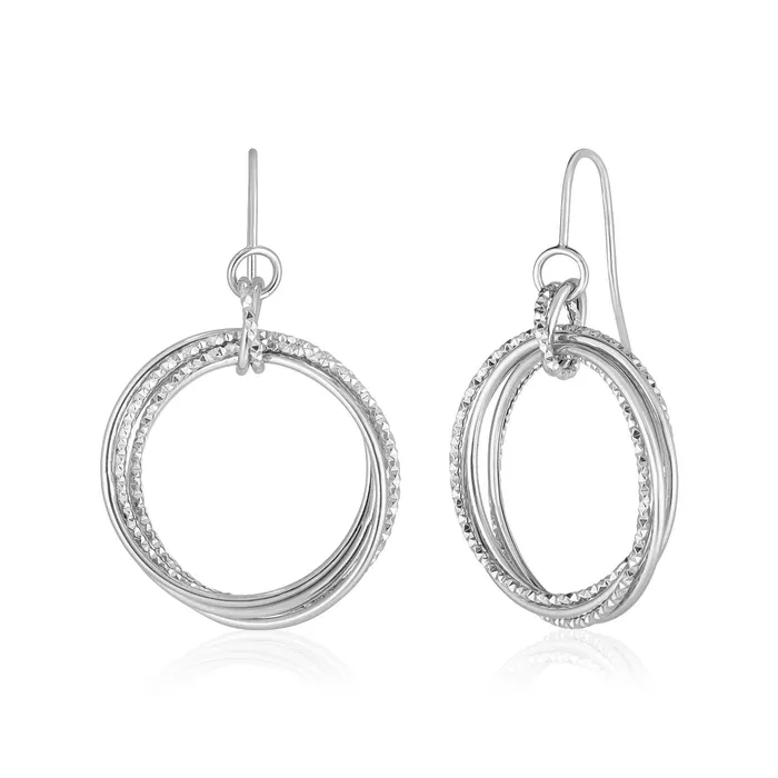 MayaMila 14k White Gold Earrings with Polished and Textured Interlocking Circle Dangles Earrings