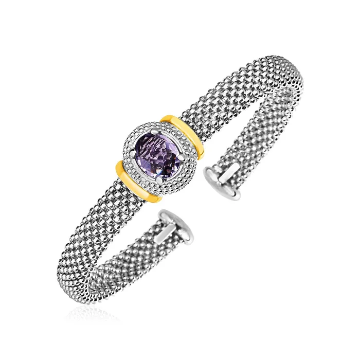 MayaMila Bracelets Popcorn Cuff Bangle with Oval Amethyst in Sterling Silver and 18k Yellow Gold MayaMila Bracelets Popcorn Cuff Bangle with Oval Amethyst in Sterling Silver and 18k Yellow Gold