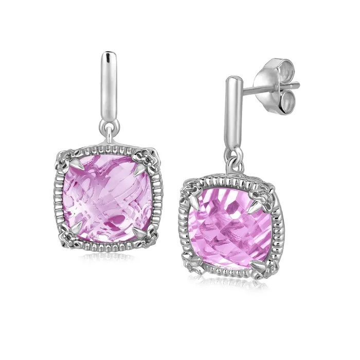 MayaMila Earrings Sterling Silver Pink Amethyst and White Sapphires Fluer De Lis Drop Earrings MayaMila Earrings Sterling Silver Pink Amethyst and White Sapphires Fluer De Lis Drop Earrings