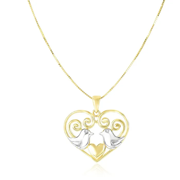 MayaMila Necklaces 14k TwoTone Gold Filigree Heart with Doves Pendant