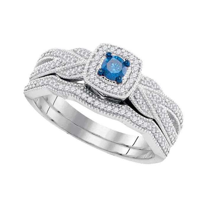 mayamila Rings 10kt White Gold Womens Round Blue Color Enhanced Diamond Milgrain Bridal Wedding Engagement Ring Band Set 38 Cttw mayamila Rings 10kt White Gold Womens Round Blue Color Enhanced Diamond Milgrain Bridal Wedding Engagement Ring Band Set 38 Cttw