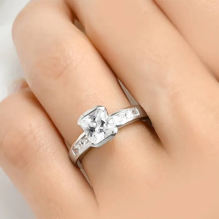MayaMila Rings Delicate 125 CT Sterling Silver Princess Emerald Cut Wedding Ring