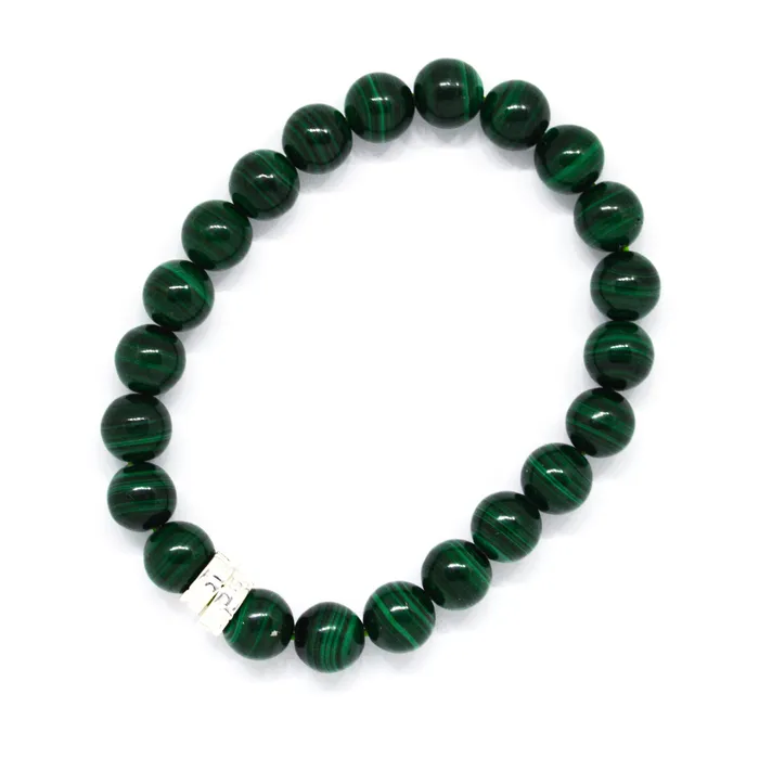 MF Malachite Stone Double Flat Silver Bracelet 8 MM Bracelets