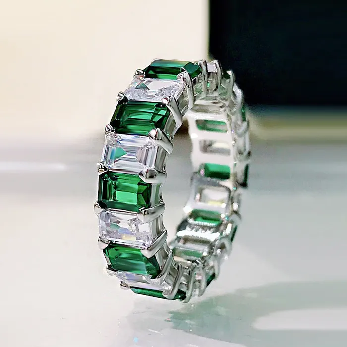 MultiColored Eternity Emerald Cut Sterling Silver Wedding Band Shineofidamond Rings MultiColored Eternity Emerald Cut Sterling Silver Wedding Band Shineofidamond Rings