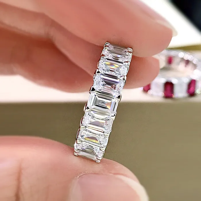 MultiColored Eternity Emerald Cut Sterling Silver Wedding Band Shineofidamond Rings