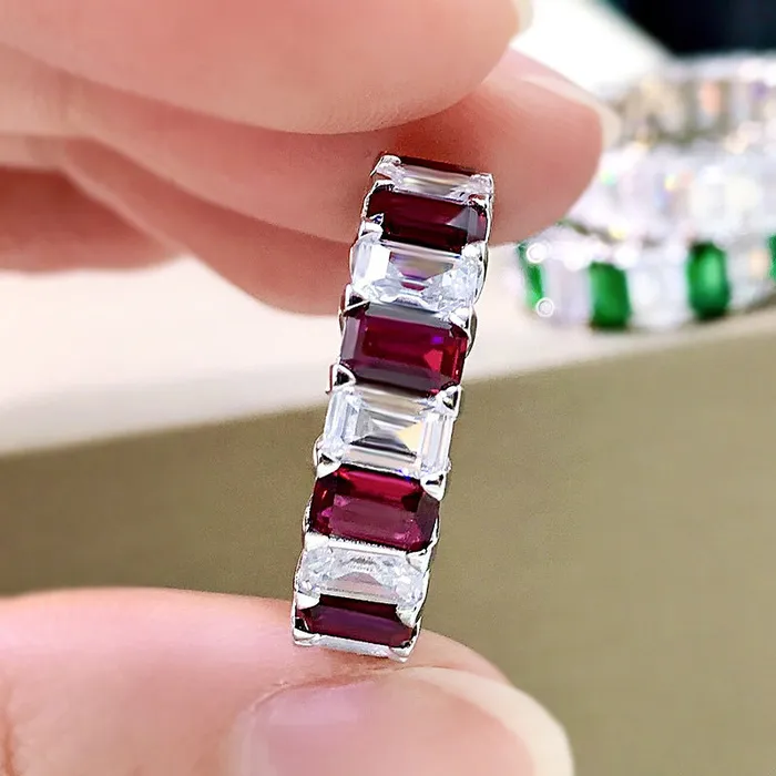 MultiColored Eternity Emerald Cut Sterling Silver Wedding Band Shineofidamond Rings
