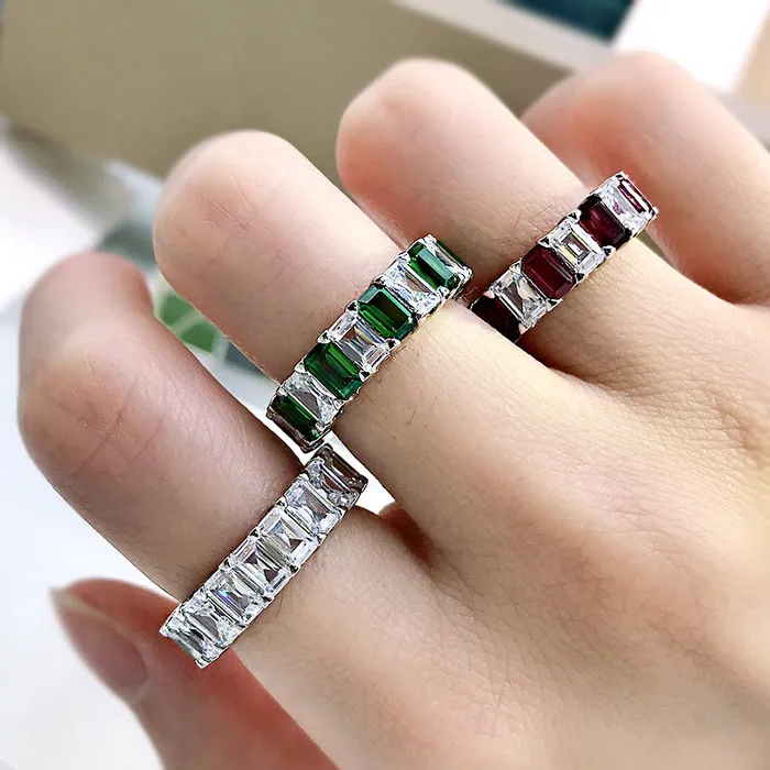 MultiColored Eternity Emerald Cut Sterling Silver Wedding Band Shineofidamond Rings