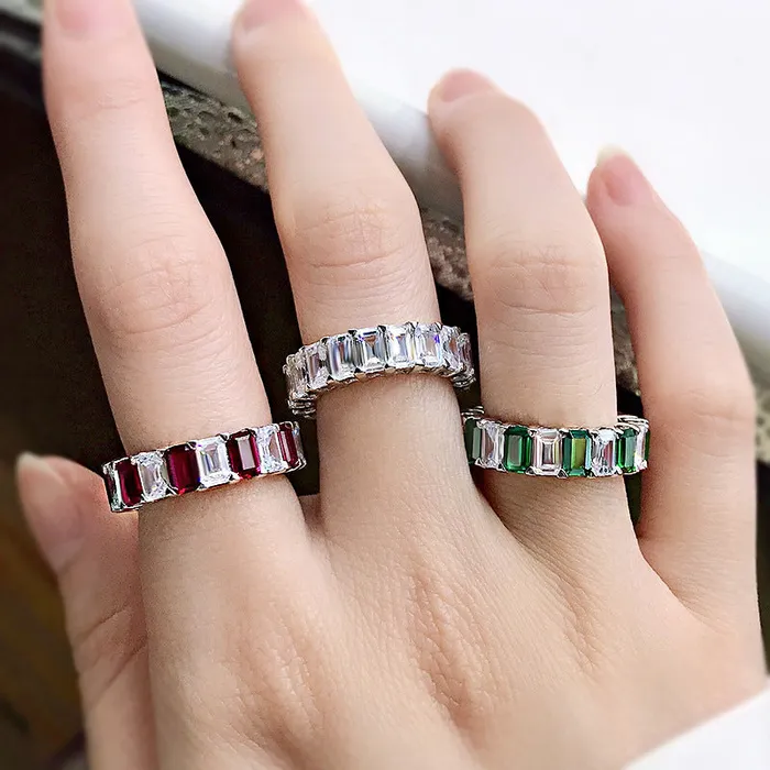 MultiColored Eternity Emerald Cut Sterling Silver Wedding Band Shineofidamond Rings