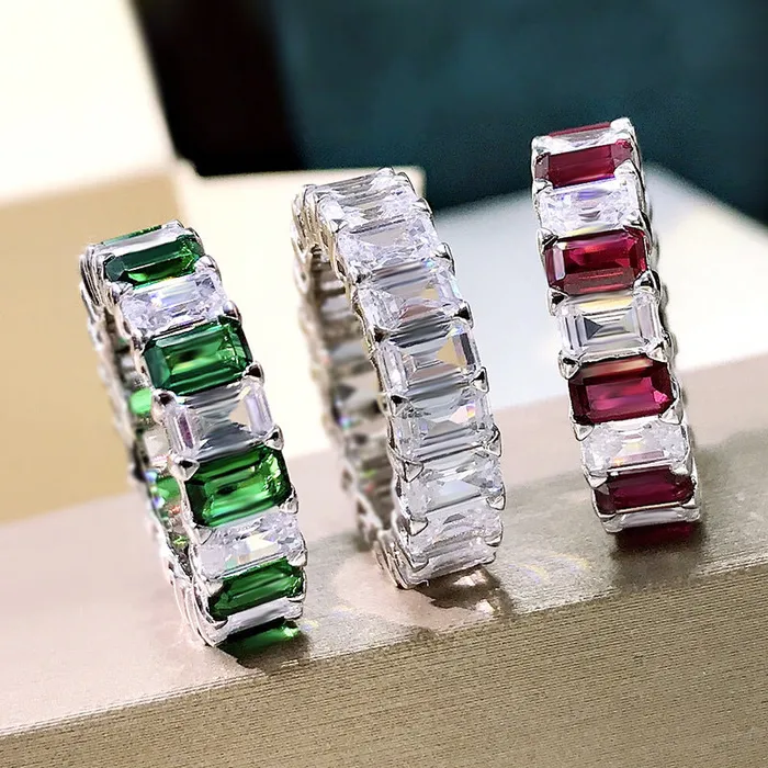 MultiColored Eternity Emerald Cut Sterling Silver Wedding Band Shineofidamond Rings