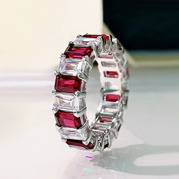 MultiColored Eternity Emerald Cut Sterling Silver Wedding Band Shineofidamond Rings