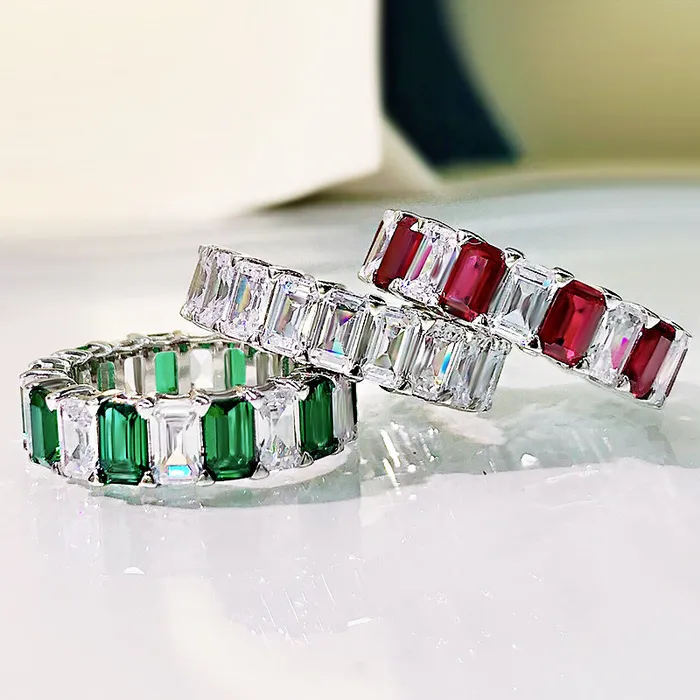 MultiColored Eternity Emerald Cut Sterling Silver Wedding Band Shineofidamond Rings
