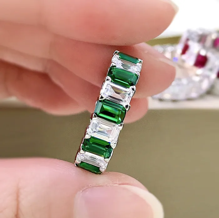 MultiColored Eternity Emerald Cut Sterling Silver Wedding Band Shineofidamond Rings