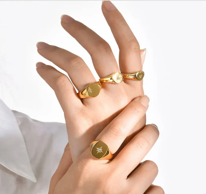 Necklaces HoopLa Style Signet with Crystal Rings Steel 14K gold Waterproof