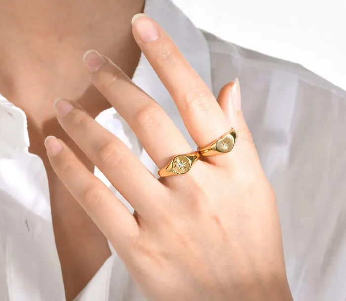 Necklaces HoopLa Style Signet with Crystal Rings Steel 14K gold Waterproof