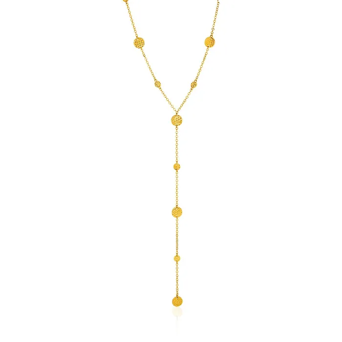 Necklaces MayaMila 14k Yellow Gold Lariat Necklace with Textured Flat Circles Necklaces MayaMila 14k Yellow Gold Lariat Necklace with Textured Flat Circles