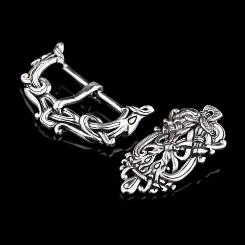 Northan Viking Silver Wide Viking Belt Set with Wolf Heads in Ringerike Style Earrings