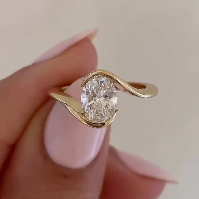 Oval Cut Bypass Solitaire Engagement Ring in Sterling Silver Shineofidamond Rings