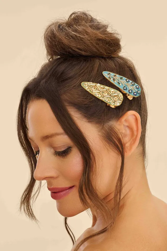 Powder Design inc Necklaces Jewelled Hair Clips Set of 2 Tile and Wheat Sage Teal