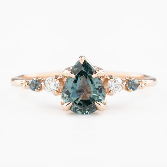 Rings Envero Jewelry Estel Fleur Ring 113ct Light Blue Green Pear Montana Sapphire 14K Rose Gold One of a kind Rings Envero Jewelry Estel Fleur Ring 113ct Light Blue Green Pear Montana Sapphire 14K Rose Gold One of a kind