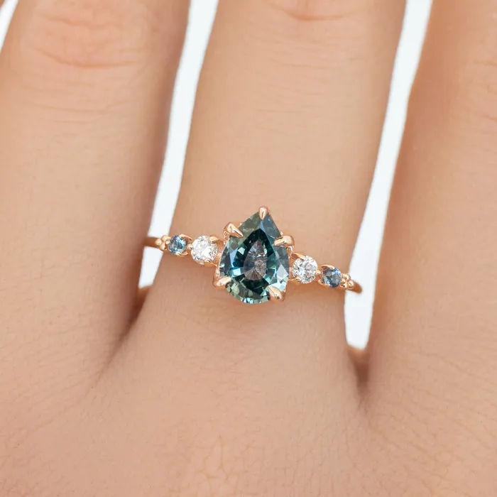 Rings Envero Jewelry Estel Fleur Ring 113ct Light Blue Green Pear Montana Sapphire 14K Rose Gold One of a kind Rings Envero Jewelry Estel Fleur Ring 113ct Light Blue Green Pear Montana Sapphire 14K Rose Gold One of a kind
