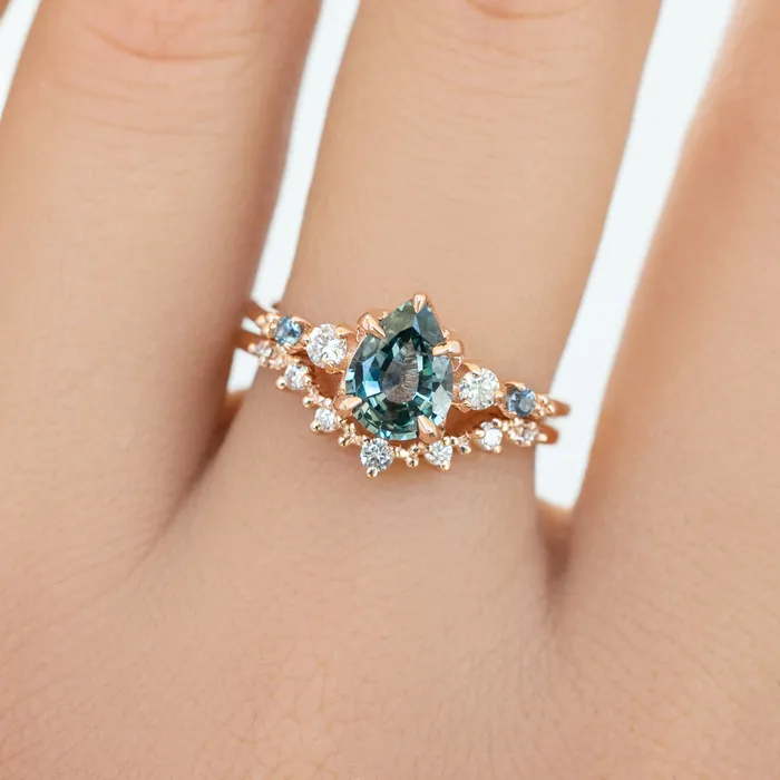 Rings Envero Jewelry Estel Fleur Ring 113ct Light Blue Green Pear Montana Sapphire 14K Rose Gold One of a kind Rings Envero Jewelry Estel Fleur Ring 113ct Light Blue Green Pear Montana Sapphire 14K Rose Gold One of a kind