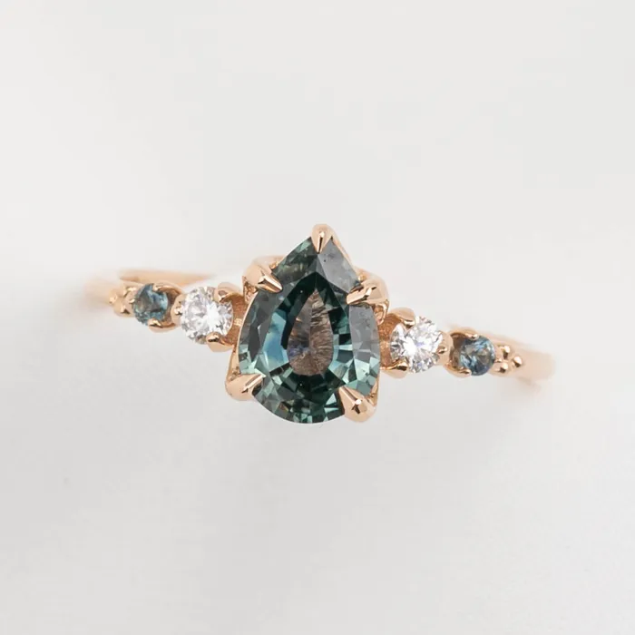 Rings Envero Jewelry Estel Fleur Ring 113ct Light Blue Green Pear Montana Sapphire 14K Rose Gold One of a kind Rings Envero Jewelry Estel Fleur Ring 113ct Light Blue Green Pear Montana Sapphire 14K Rose Gold One of a kind