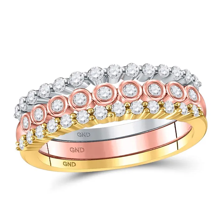 Rings mayamila 10kt TriTone Gold Womens Round Diamond 3Piece Stackable Band Ring Set 12 Cttw Rings mayamila 10kt TriTone Gold Womens Round Diamond 3Piece Stackable Band Ring Set 12 Cttw