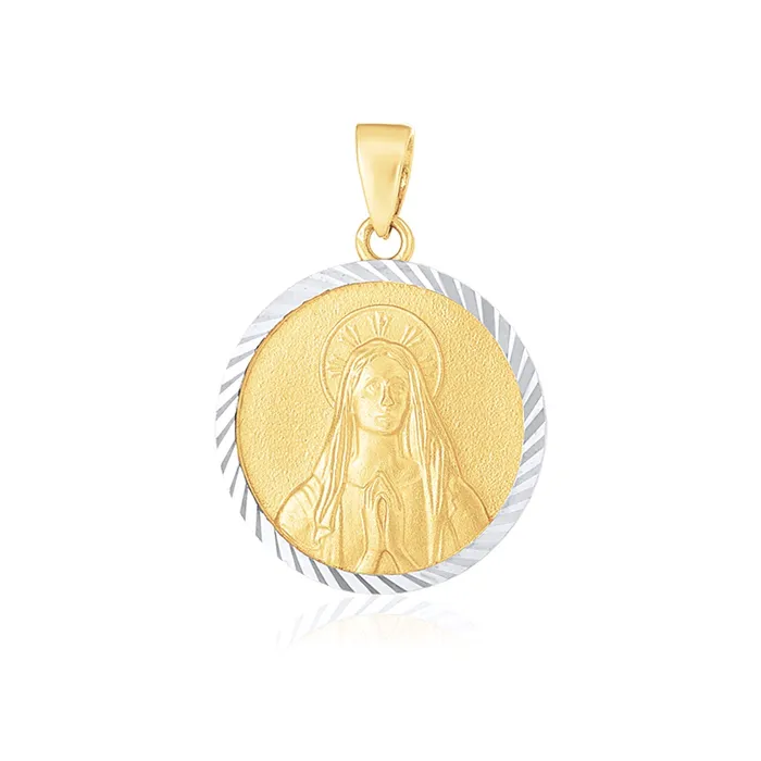 Rings MayaMila 14k Two Tone Gold Round Textured Religious Medal Pendant