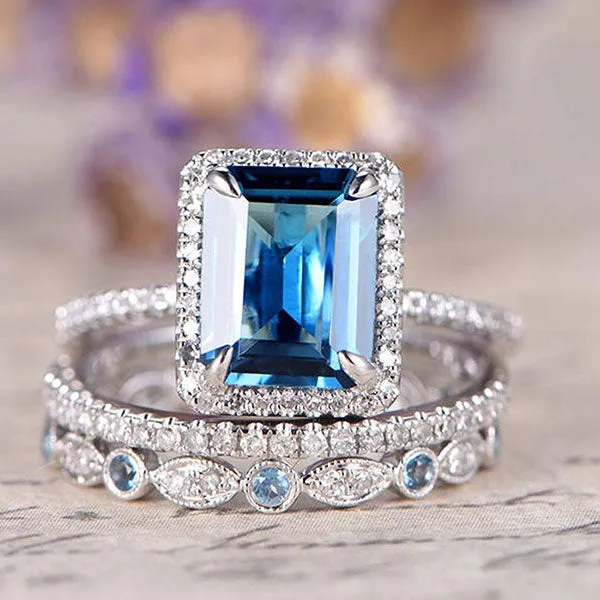 Rings Shineofdiamond Aquamarine 3Piece Halo Emerald Cut Sterling Silver Bridal Sets Rings Shineofdiamond Aquamarine 3Piece Halo Emerald Cut Sterling Silver Bridal Sets
