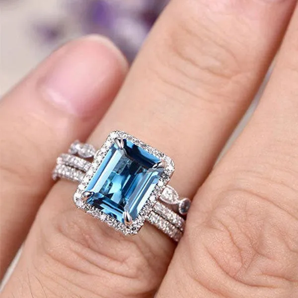 Rings Shineofdiamond Aquamarine 3Piece Halo Emerald Cut Sterling Silver Bridal Sets Rings Shineofdiamond Aquamarine 3Piece Halo Emerald Cut Sterling Silver Bridal Sets