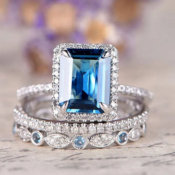 Rings Shineofdiamond Aquamarine 3Piece Halo Emerald Cut Sterling Silver Bridal Sets Rings Shineofdiamond Aquamarine 3Piece Halo Emerald Cut Sterling Silver Bridal Sets