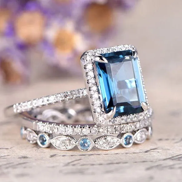 Rings Shineofdiamond Aquamarine 3Piece Halo Emerald Cut Sterling Silver Bridal Sets Rings Shineofdiamond Aquamarine 3Piece Halo Emerald Cut Sterling Silver Bridal Sets