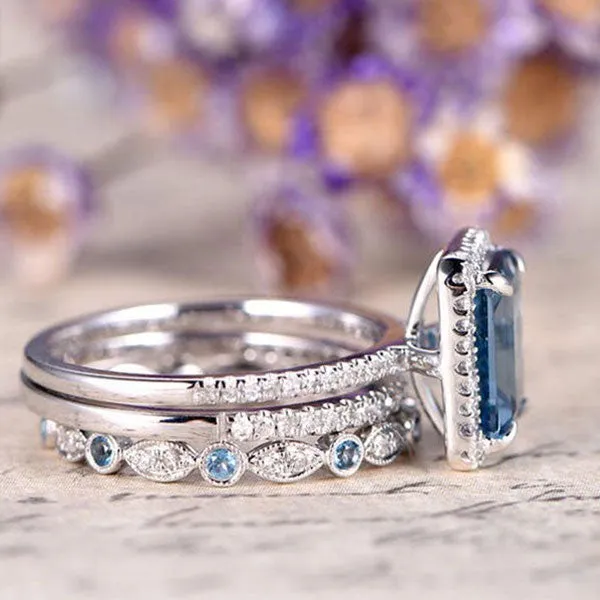 Rings Shineofdiamond Aquamarine 3Piece Halo Emerald Cut Sterling Silver Bridal Sets Rings Shineofdiamond Aquamarine 3Piece Halo Emerald Cut Sterling Silver Bridal Sets