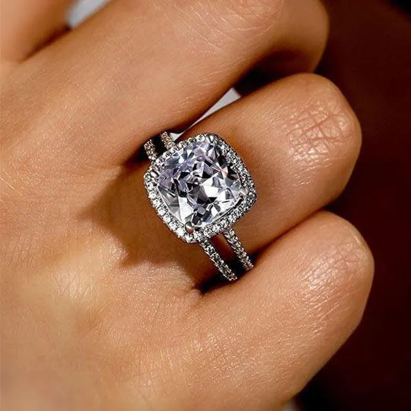 Rings Shineofidamond Classic Halo 4 Prong Cushion Cut Sterling Silver Bridal set Rings Shineofidamond Classic Halo 4 Prong Cushion Cut Sterling Silver Bridal set