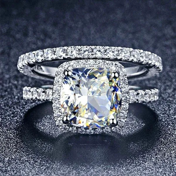 Rings Shineofidamond Classic Halo 4 Prong Cushion Cut Sterling Silver Bridal set Rings Shineofidamond Classic Halo 4 Prong Cushion Cut Sterling Silver Bridal set