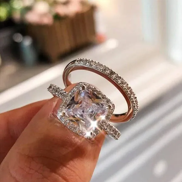 Rings Shineofidamond Classic Halo 4 Prong Cushion Cut Sterling Silver Bridal set Rings Shineofidamond Classic Halo 4 Prong Cushion Cut Sterling Silver Bridal set