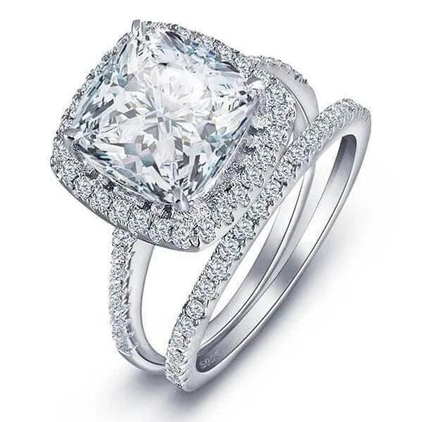 Rings Shineofidamond Classic Halo 4 Prong Cushion Cut Sterling Silver Bridal set Rings Shineofidamond Classic Halo 4 Prong Cushion Cut Sterling Silver Bridal set