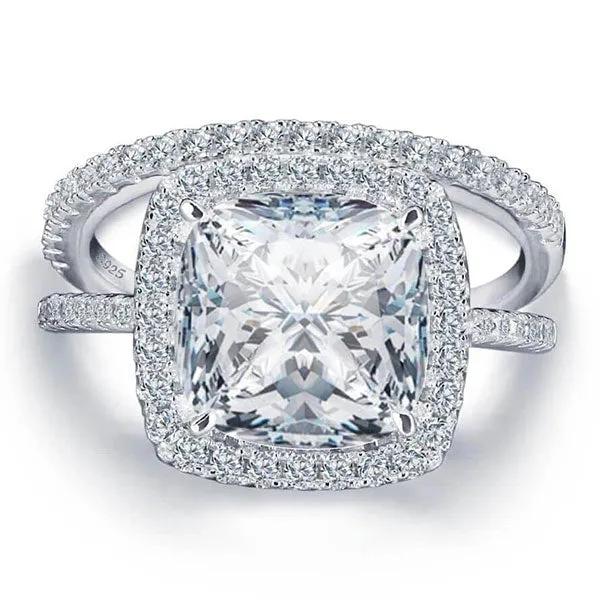 Rings Shineofidamond Classic Halo 4 Prong Cushion Cut Sterling Silver Bridal set Rings Shineofidamond Classic Halo 4 Prong Cushion Cut Sterling Silver Bridal set