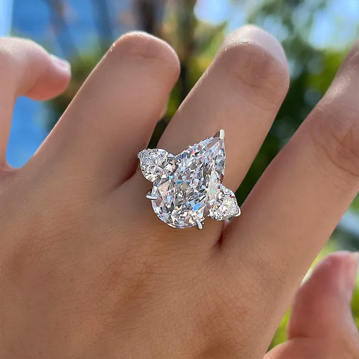 Rings Three Stone Pear Cut Engagement Ring In Sterling Silver shineofdiamond